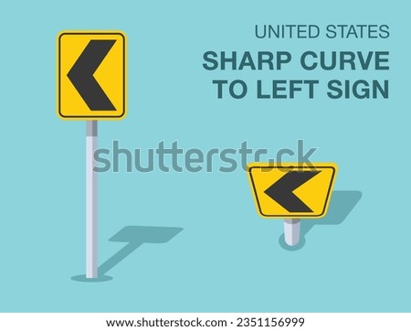 Traffic regulation rules. Isolated United States sharp curve to left sign. Front and top view. Flat vector illustration template.