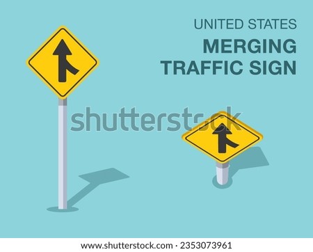 Traffic regulation rules. Isolated United States merging traffic sign. Front and top view. Flat vector illustration template.