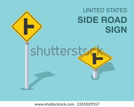 Traffic regulation rules. Isolated United States side road sign. Front and top view. Flat vector illustration template.