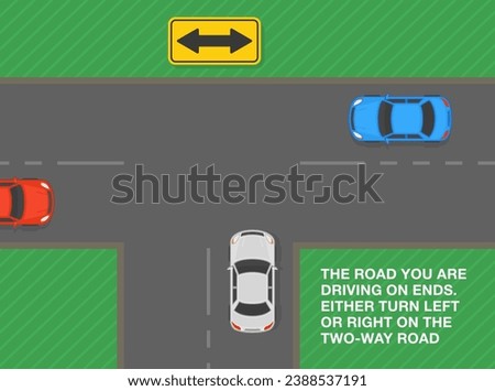 Safe driving tips and traffic regulation rules. Two direction arrow sign meaning. Top view of traffic flow on T-junction. Flat vector illustration template.