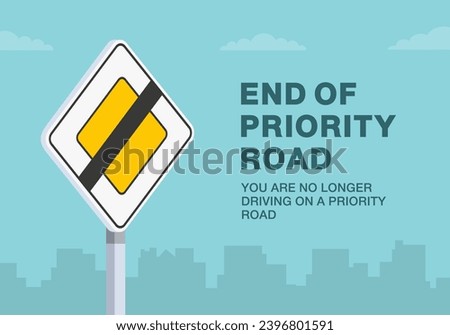 Safe driving tips and traffic regulation rules. Close-up of an european end of priority road sign. Flat vector illustration template.