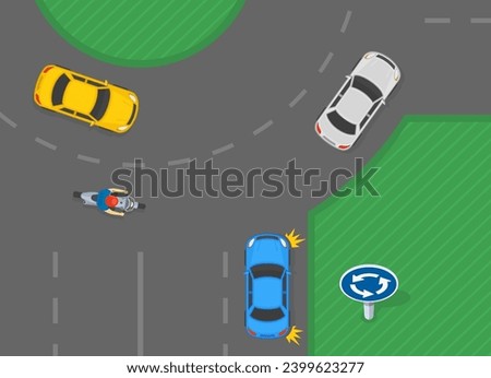 Safe driving tips and traffic regulation rules. Car approaching a traffic at an open roundabout. Top view. Flat vector illustration template.