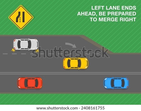 Safe driving tips and traffic regulation rules. Left lane ends ahead, be prepared to merge right. Road sign meaning. Top view of a traffic flow. Flat vector illustration template.
