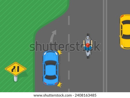 Traffic regulation tips and rules. American left lane ends traffic sign. Top view of a car is merging right on highway. Flat vector illustration template.