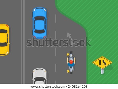 Traffic regulation tips and rules. American right lane ends traffic sign. Top view of a motorcycle rider is merging left on highway. Flat vector illustration template.