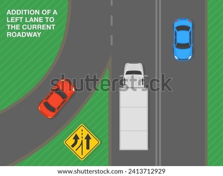 Safe driving tips and traffic regulation rules. Addition of a left lane to the current roadway. Top view of a traffic flow on highway. Flat vector illustration template.