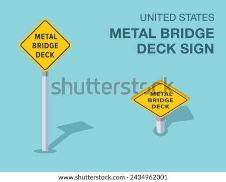 Traffic regulation rules. Isolated United States metal bridge deck road sign. Front and top view. Flat vector illustration template.