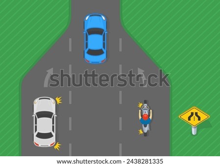 Traffic regulation tips and rules. American single-transition traffic sign. Top view of a car and motorcycle rider merging on highway. Flat vector illustration template.