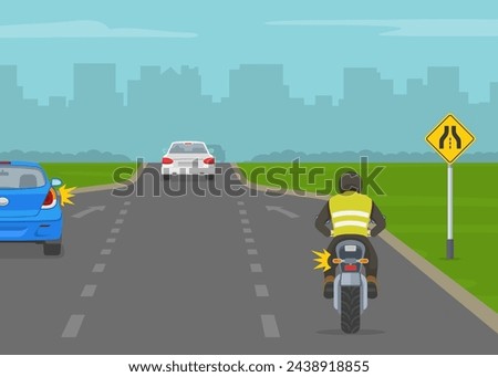 Traffic regulation tips and rules. American single-transition traffic sign. Back view of a car and motorcycle rider merging on highway. Flat vector illustration template.