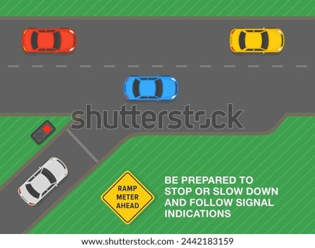 Safe driving tips and traffic regulation rules. Top view of a car approaching the ramp meter. 