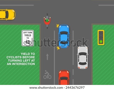 Safe driving tips and traffic regulation rules. Yield to cyclists before turning left at an intersection. Top view of a junction with bike lane. Flat vector illustration template.