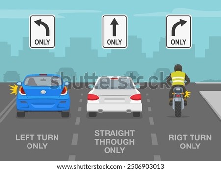 Safe driving tips and traffic regulation rules. United States road signs meaning. Go straight, right turn only and left turn only. Back view of cars on intersection. Flat vector illustration template.