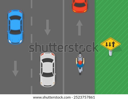 Safe driving tips and traffic regulation rules. Top view of a two way street where two lanes are in the opposite direction. Flat vector illustration template.