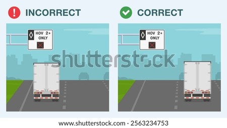 Safe driving tips and traffic regulation rules. Legal and illegal driving on HOV two plus lane. Back view of a truck on highway. Flat vector illustration template.