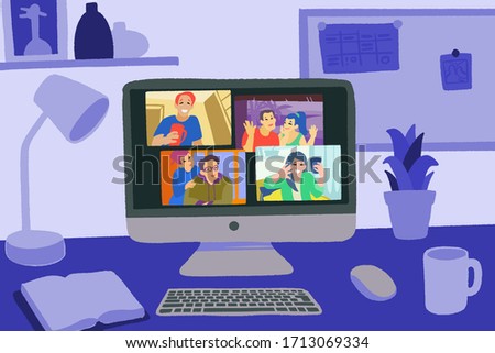 Chatting with friends or family online. Virtual party, meet up, video conference. Stay home, stay safe. People meeting online together and have fun. Vector flat style hand drawn illustration. 
