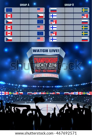 Vector ice hockey arena Board Empty Field Background Championship Toronto. Vertical poster.