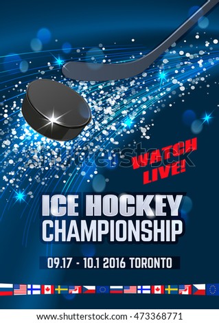 Vector ice hockey puck and stick dynamic composition. Ice explosion, abstract background. Board Empty Field Background Championship Toronto. Vertical poster.