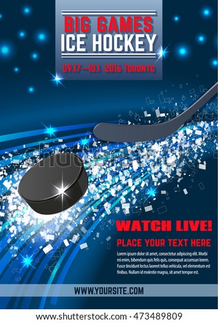 Vector ice hockey puck and stick dynamic composition. explosion, abstract background. Board Empty Field Background Championship Toronto. Vertical poster.
