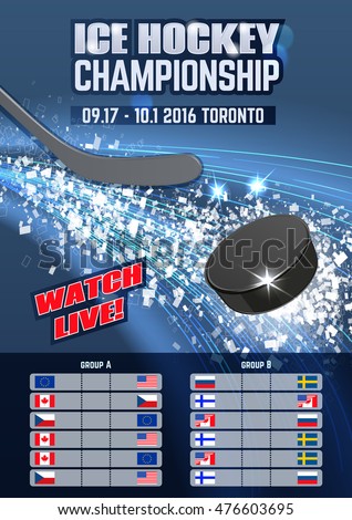 Vector ice hockey puck and stick dynamic composition. Ice explosion, abstract background. Board Empty Field Background Championship Toronto. Vertical poster.
