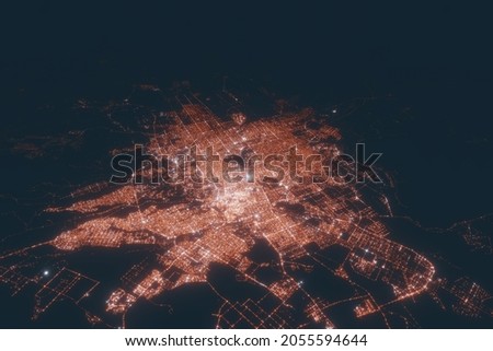 Riyadh aerial view at night. Top view on modern city with street lights. Satellite view with glow effect