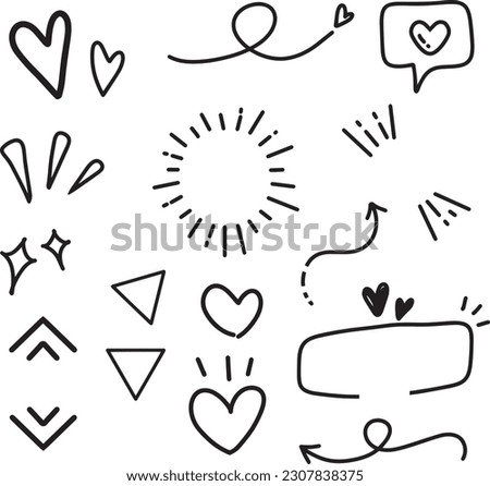 A collection of doodle illustrations. Doodles, stars, sparkles, hearts, embellishments, frames, speech bubbles, and arrows are used in the images.