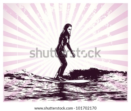 beauty girl surfing in the ocean