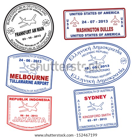 Passport grunge stamps from Jakarta, Sydney, Tessaloniki, Frankfurt, Washington and Melbourne, vector illustration