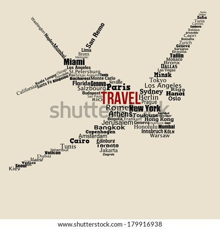 World travel concept made with words drawing a airplane on vintage background, vector illustration