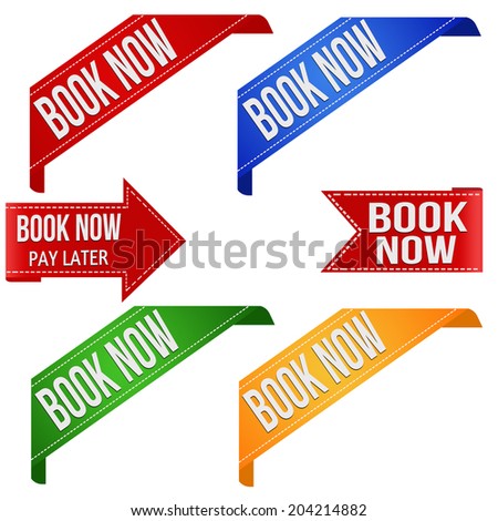 Collection of various book now promo ribbons on white, vector illustration