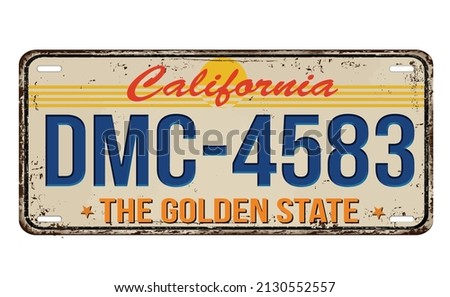 An imitation of vintage California license plate with text The Golden State written on it, vector illustration