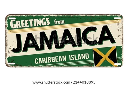 Greetings from Jamaica vintage rusty metal plate on a white background, vector illustration