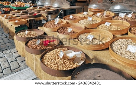 Image, Stock Photo street market of assortment of fresh fruits and vegetables