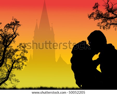 silhouette of a loving couple on the city