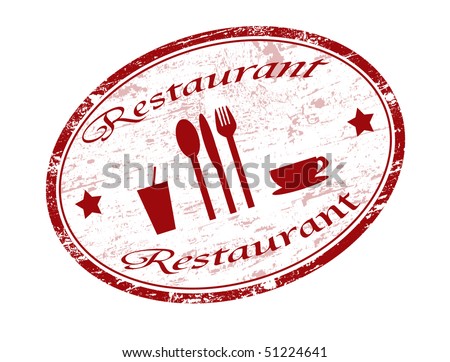 Red Grunge Rubber Stamp With Fork, Knife, Spoon, Cup And The Word ...