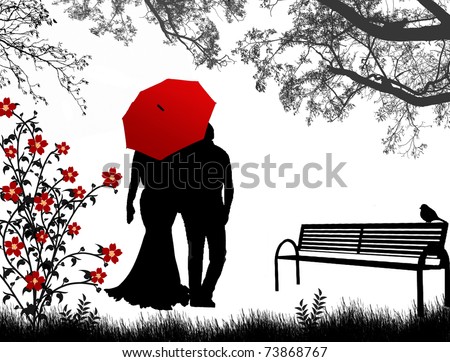 View Of Couple A Back Under Red Umbrella, Walking Down The Park, Vector ...