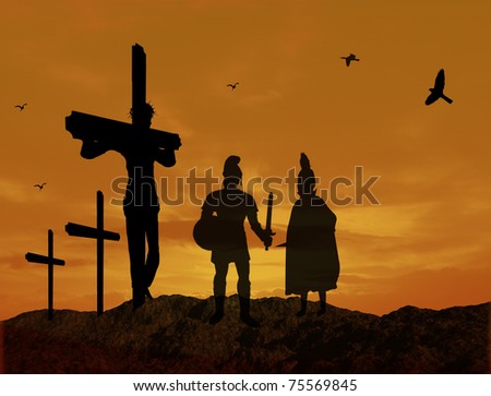 Crucifixion of Jesus Christ with warriors silhouette  during sunset