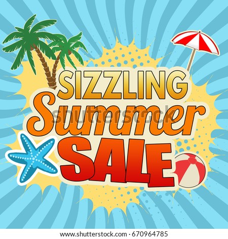 Sizzling summer sale advertising poster design on blue, vector illustration