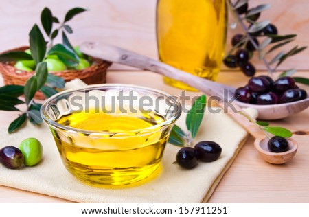 Olive oil in a bowl and olives