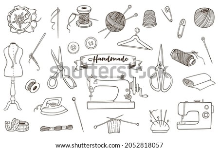 Sewing and needlework tools and accessories. Hand drawn vector doodle illustrations.