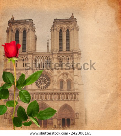 Vintage background with Notre Dame and red rose