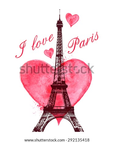 Romantic Valentine background with red watercolor heart and Eiffel Tower