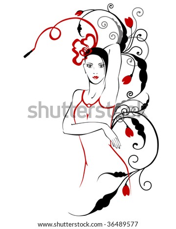 fashionable  girl with floral ornament drawn a pomade