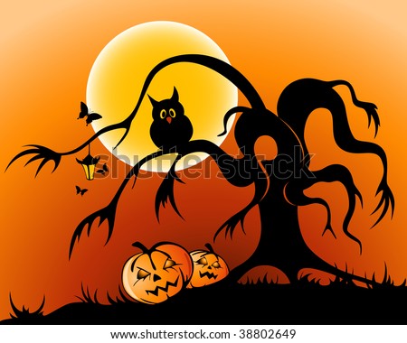 halloween background with pumpkin, owl and silhouette of tree by moon night
