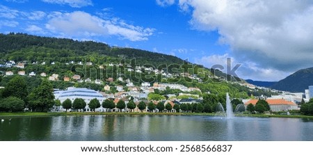 Similar – Foto Bild Erstaunliche Aussicht auf die Stadt Bergen von der Spitze des Berges Fløyen in Norwegen.