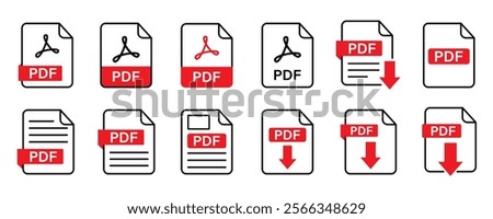 A set of PDF file format icons featuring symbols for PDF file downloads. Includes icons for various file formats such as text, images, vector images, videos, and interactive forms.