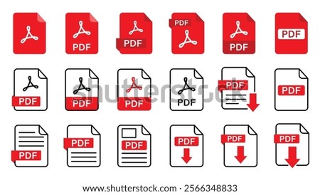 A set of PDF file format icons featuring symbols for PDF file downloads. Includes icons for various file formats such as text, images, vector images, videos, and interactive forms.