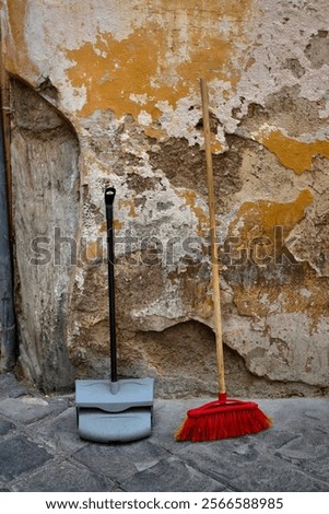 Similar – Image, Stock Photo Street broom with red bristles, makes weekend on the construction site. Plaster walls are freshly filled and the screed floor has hardened