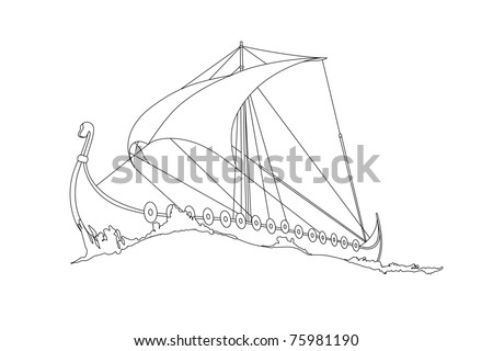 Sail Ship Of The Vikings Black Outline (Vector Illustration) - 75981190 ...