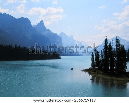 Similar – Image, Stock Photo Spirit Island in Maligne Lake, Jasper National Park, Alberta, Canada, in cloudy weather.