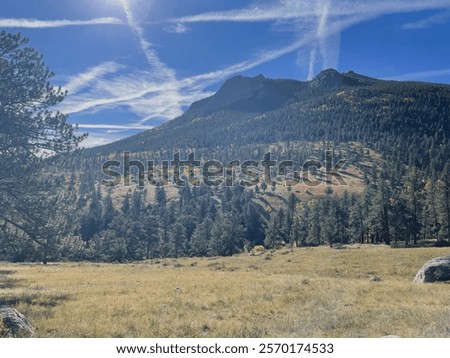 Similar – Foto Bild Ein Kondensstreifen am blauen Himmel und Äste eines blühenden Kirschbaumes lassen von der nächsten Urlaubsreise träumen / Frühling / Urlaubsplanung